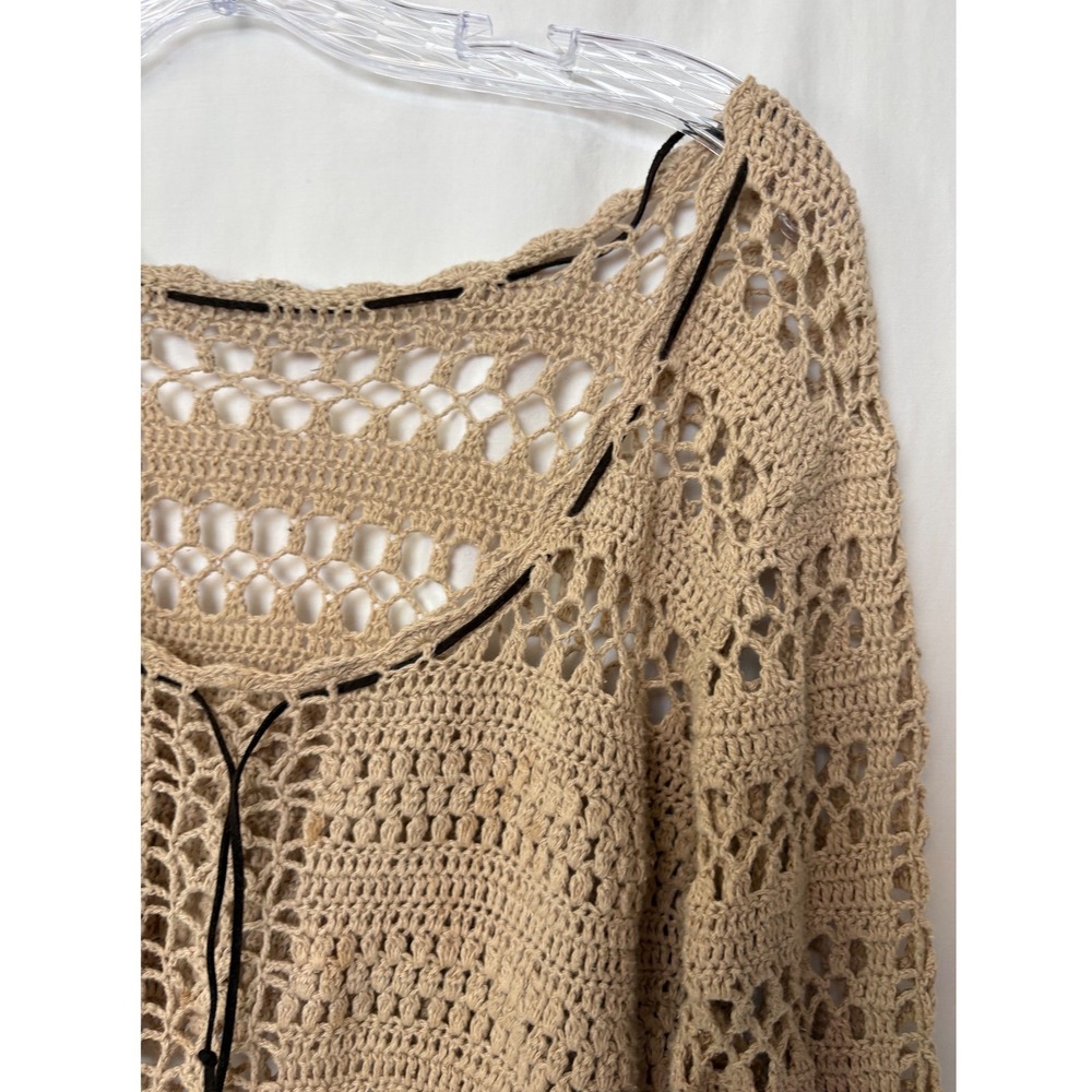 Boho Tan Crochet Open‎ Weave Knit Lace Up Hippie Cottagecore Festival Top M/L